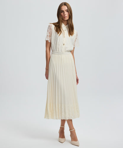 Pleated Lace Hem Midi Skirt