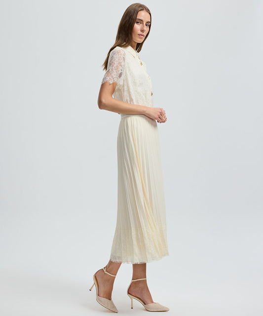 Pleated Lace Hem Midi Skirt
