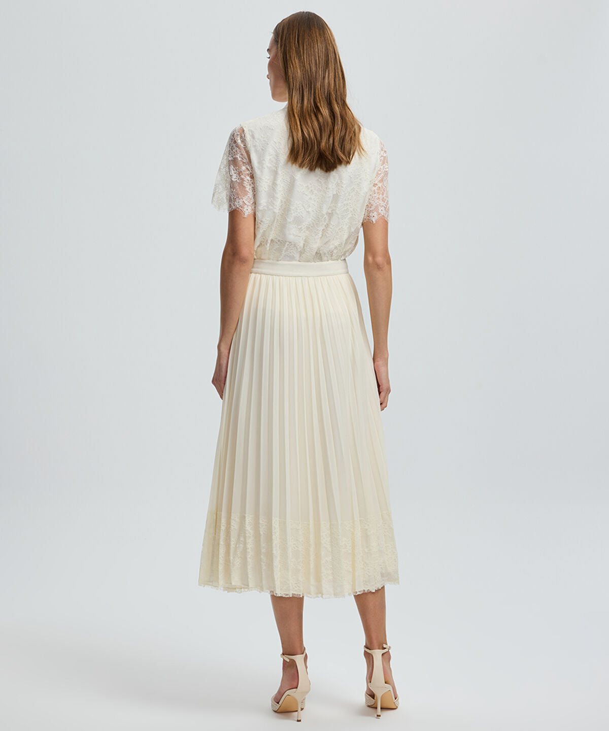 Pleated Lace Hem Midi Skirt