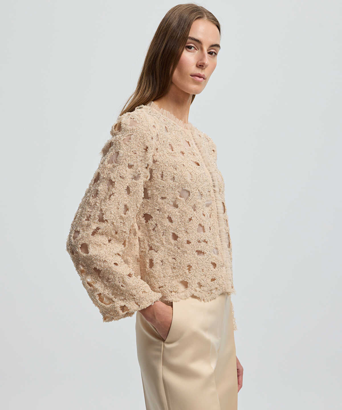 Tulle-Trim Beaded Jacket