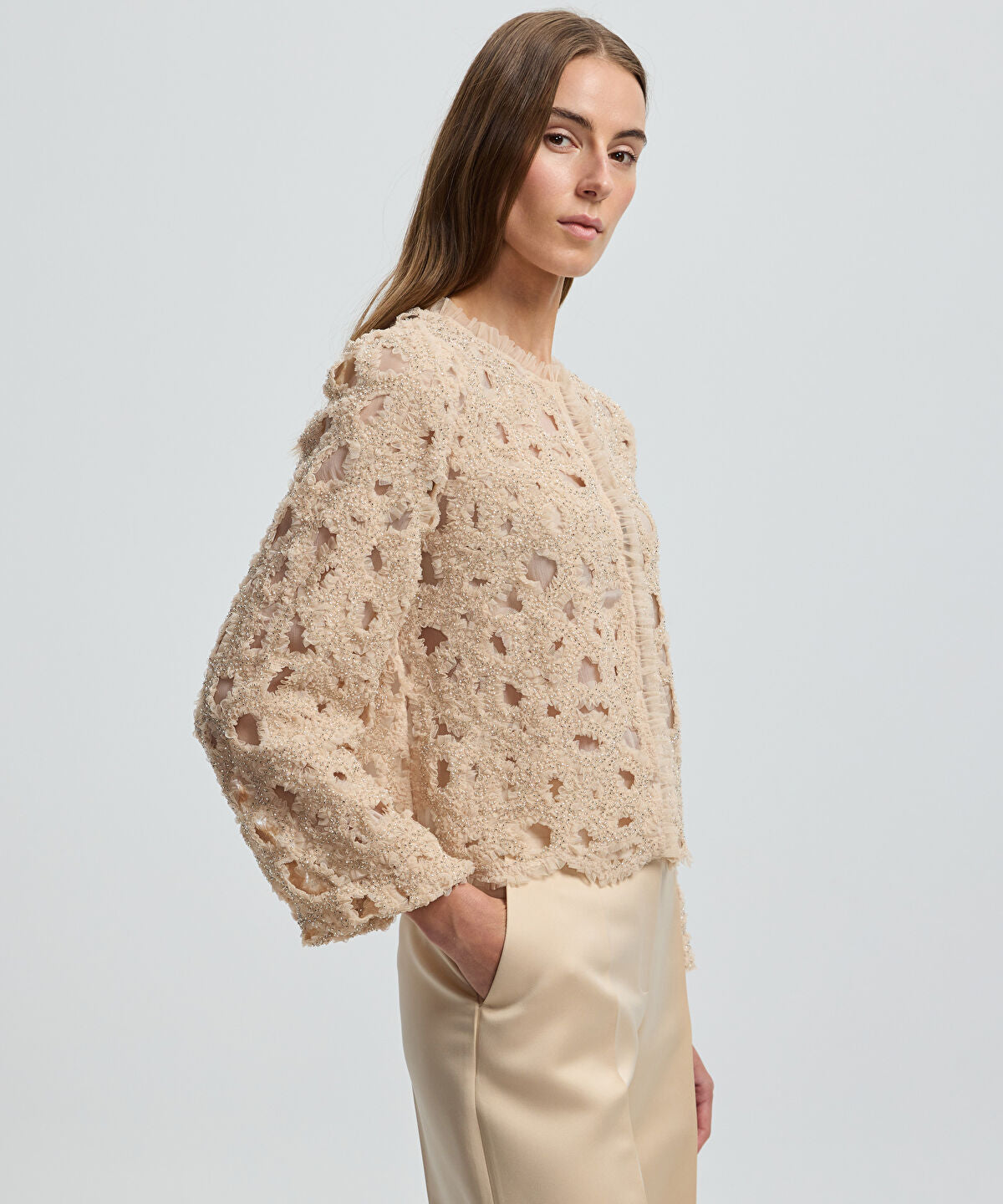 Zoomed Tulle-Trim Beaded Jacket