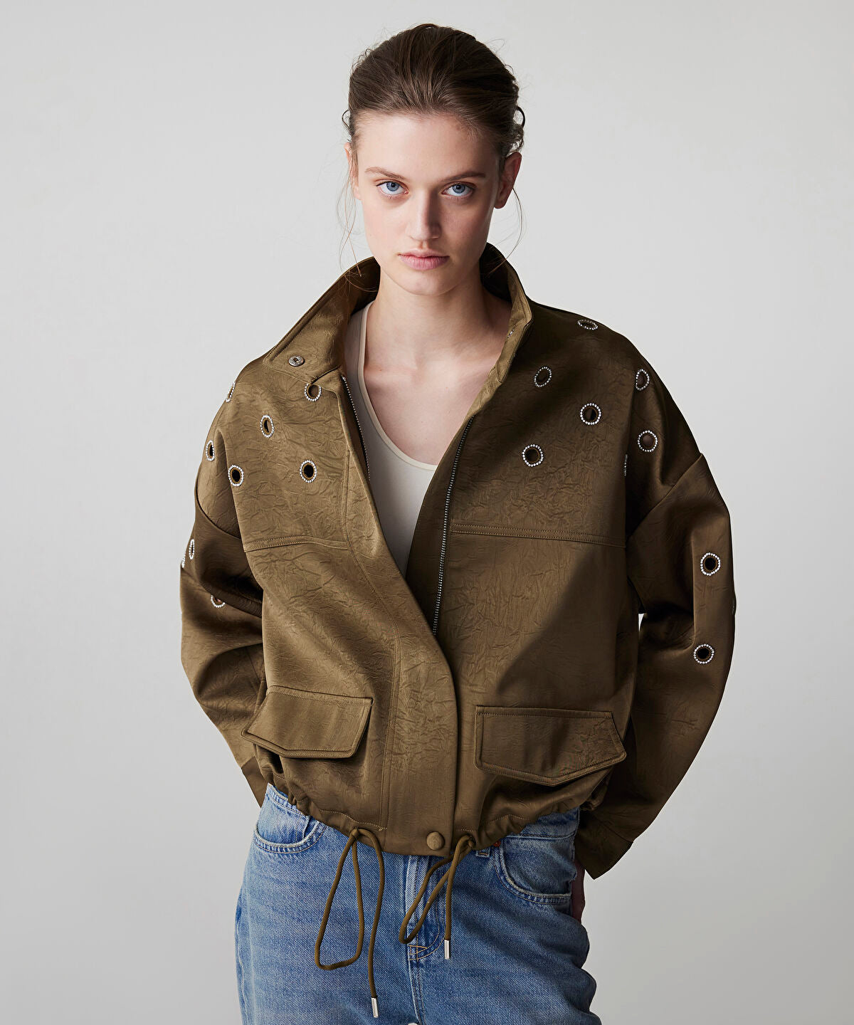 Zoomed Embellished Crinkle-Effect Coat