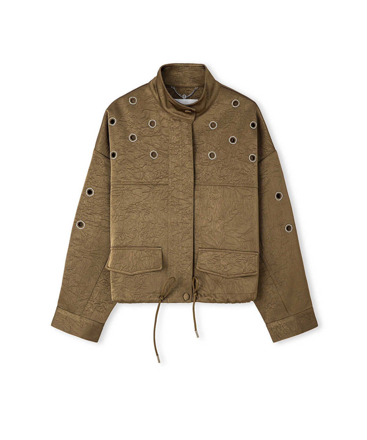 Embellished Crinkle-Effect Coat