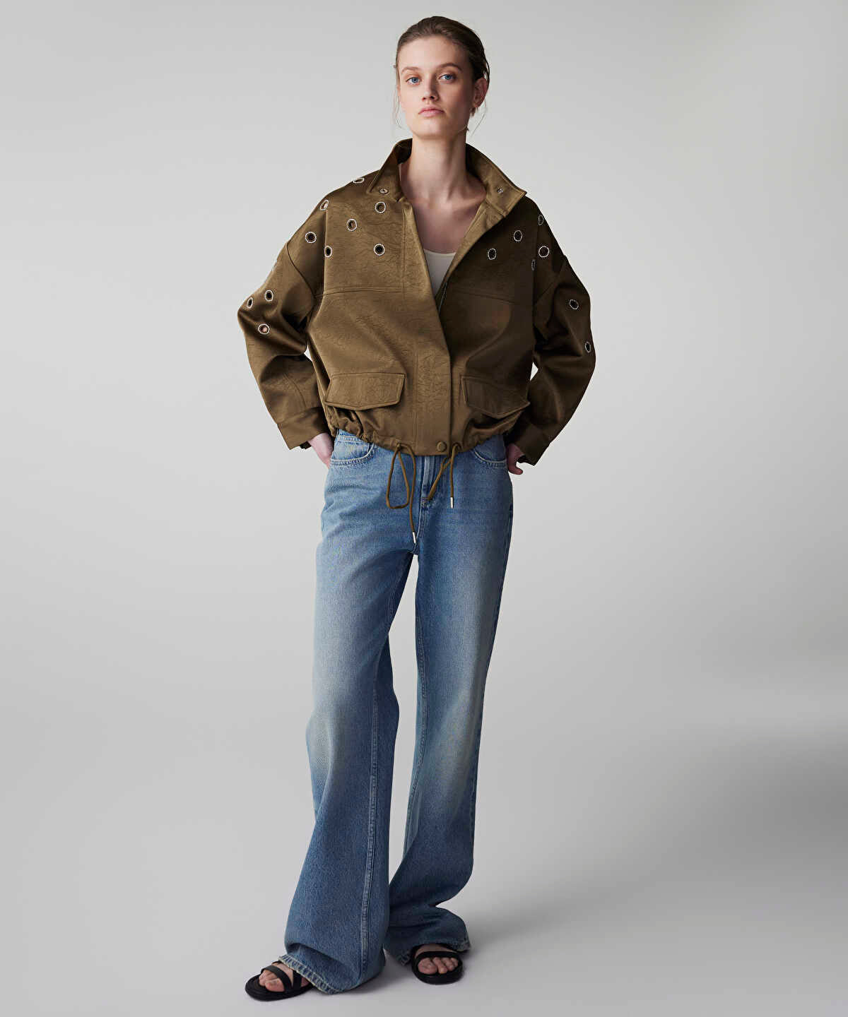 Embellished Crinkle-Effect Coat