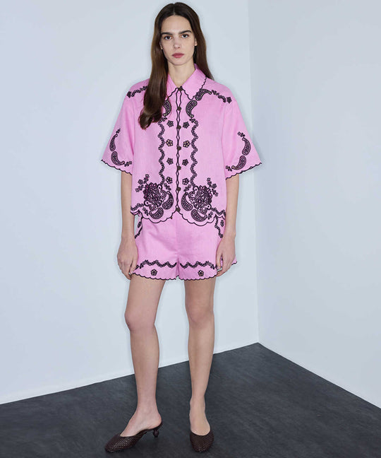 Linen Shorts with Contrast Embroidery