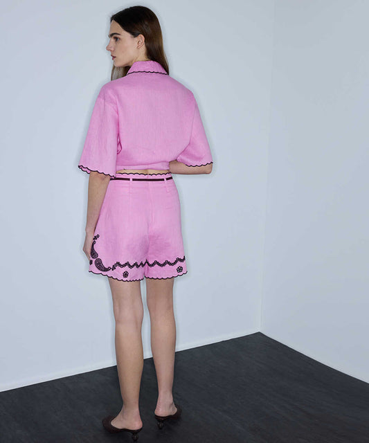 Linen Shorts with Contrast Embroidery