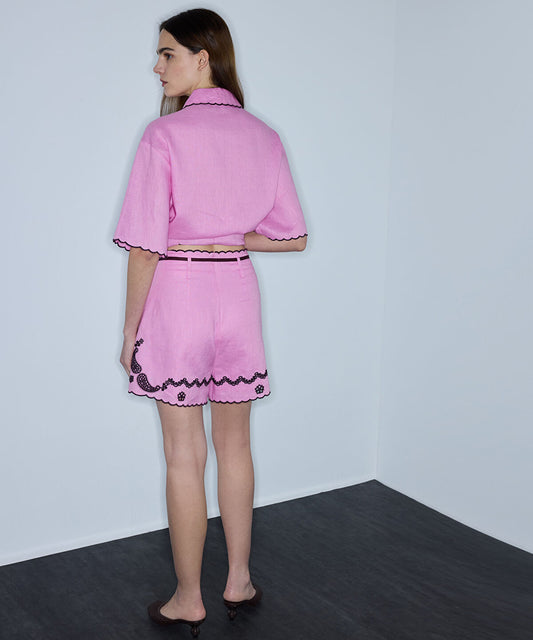 Linen Shorts with Contrast Embroidery