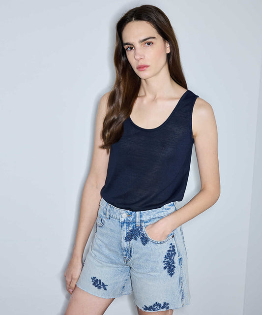 Embroidered Raw Edge Denim Shorts