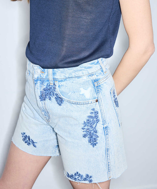Embroidered Raw Edge Denim Shorts