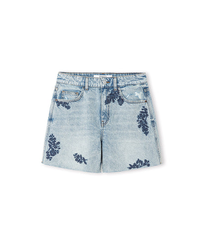 Embroidered Raw Edge Denim Shorts
