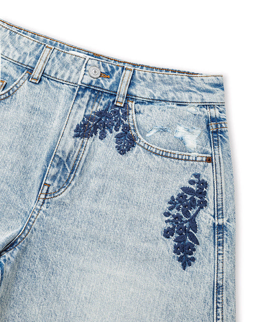 Embroidered Raw Edge Denim Shorts