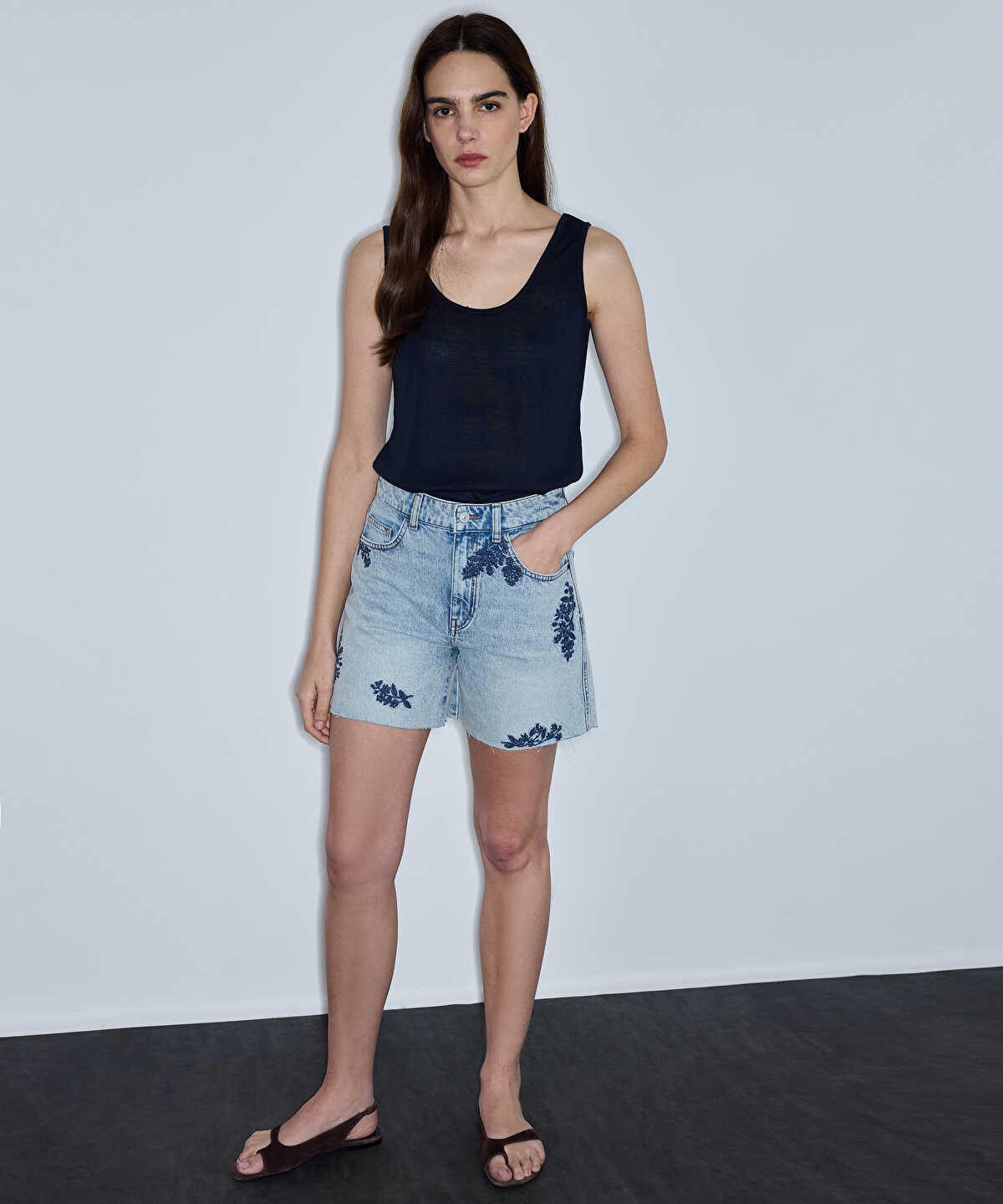 Zoomed Embroidered Raw Edge Denim Shorts