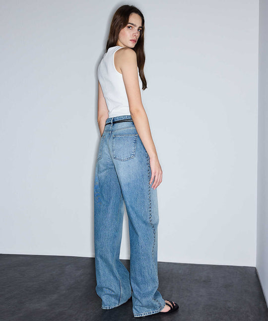 Stud-Embellished Wide Leg Jeans