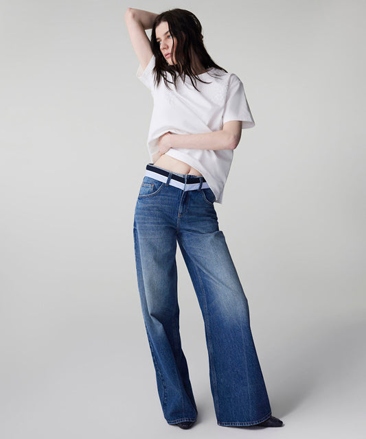 Contrast Waist Wide Leg Jeans