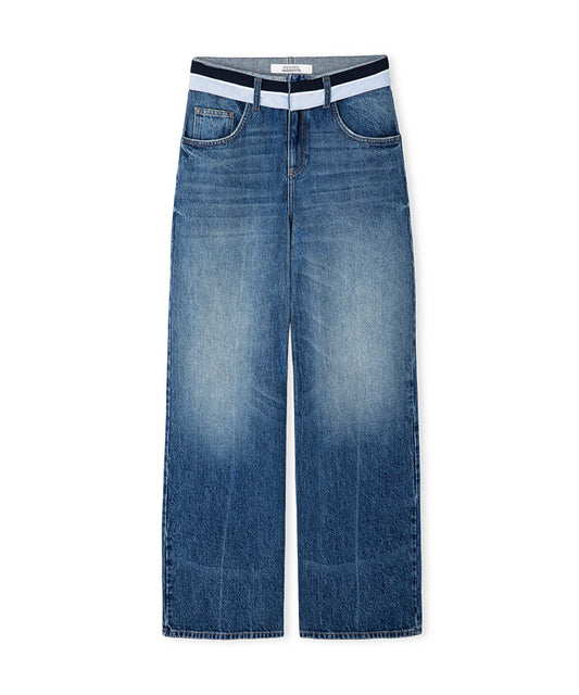 Contrast Waist Wide Leg Jeans