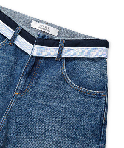 Contrast Waist Wide Leg Jeans