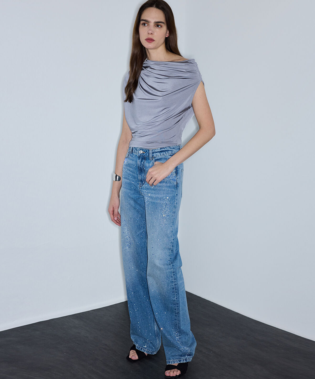 Zoomed Rhinestone Wide-Leg Jeans