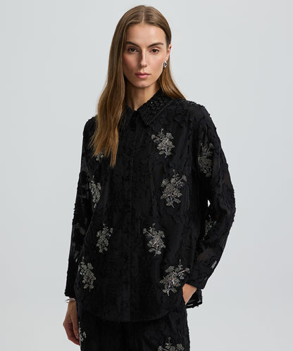 Embellished Knit Collar Shirt