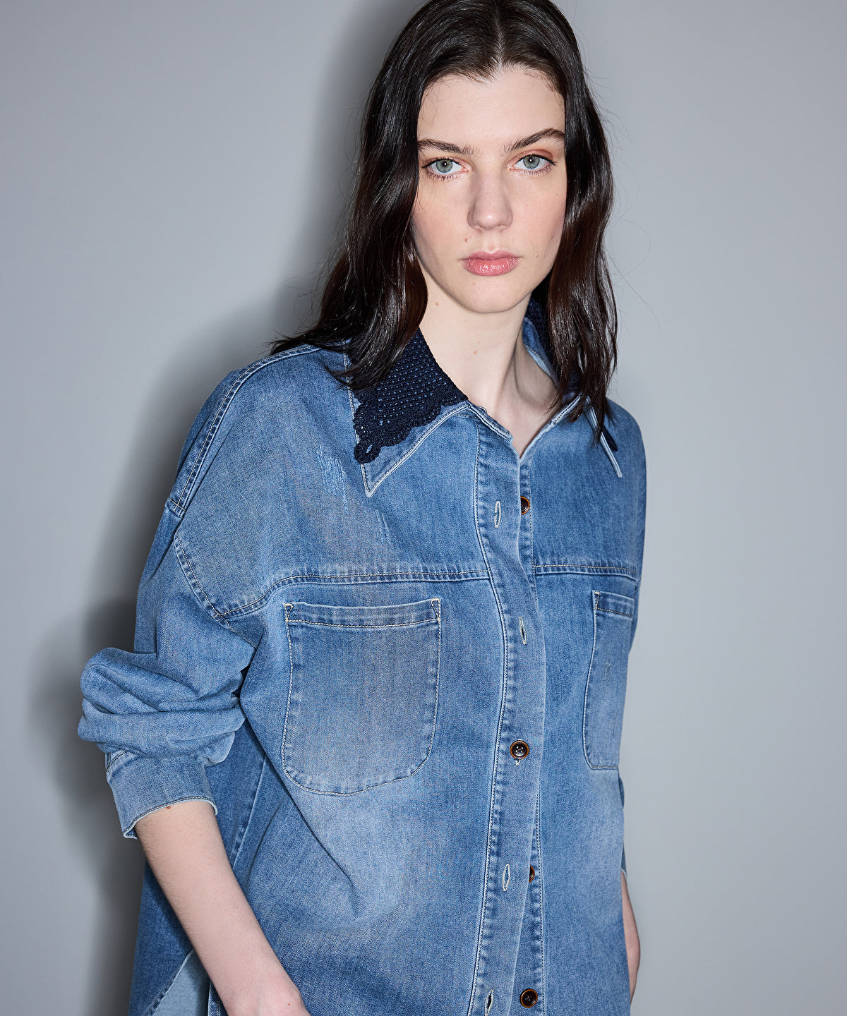 Crochet Collar Denim Shirt