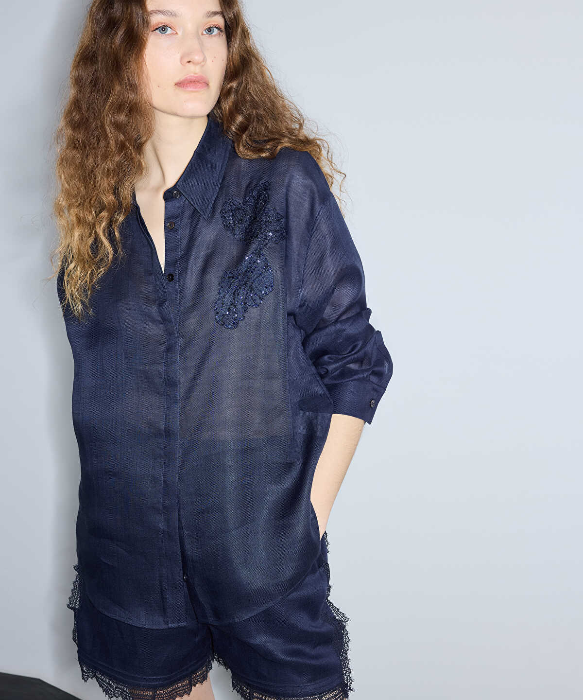 Linen Shirt with Lace Applique