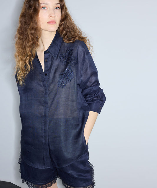 Linen Shirt with Lace Applique