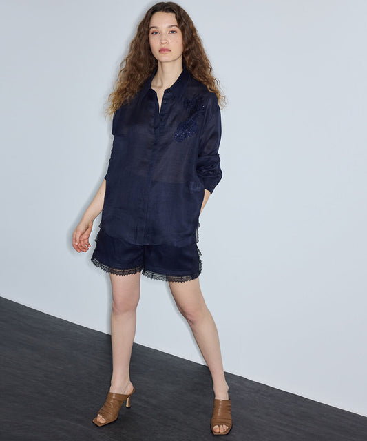 Linen Shirt with Lace Applique