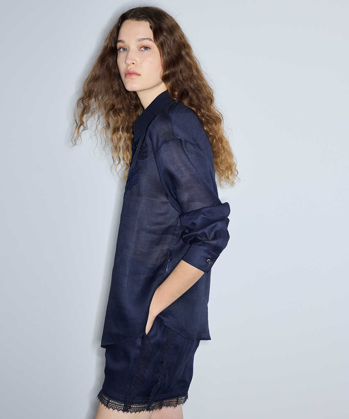 Linen Shirt with Lace Applique