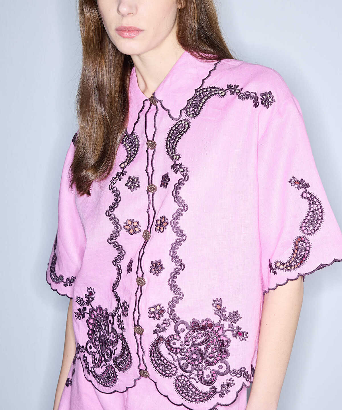Linen Shirt with Contrast Embroidery
