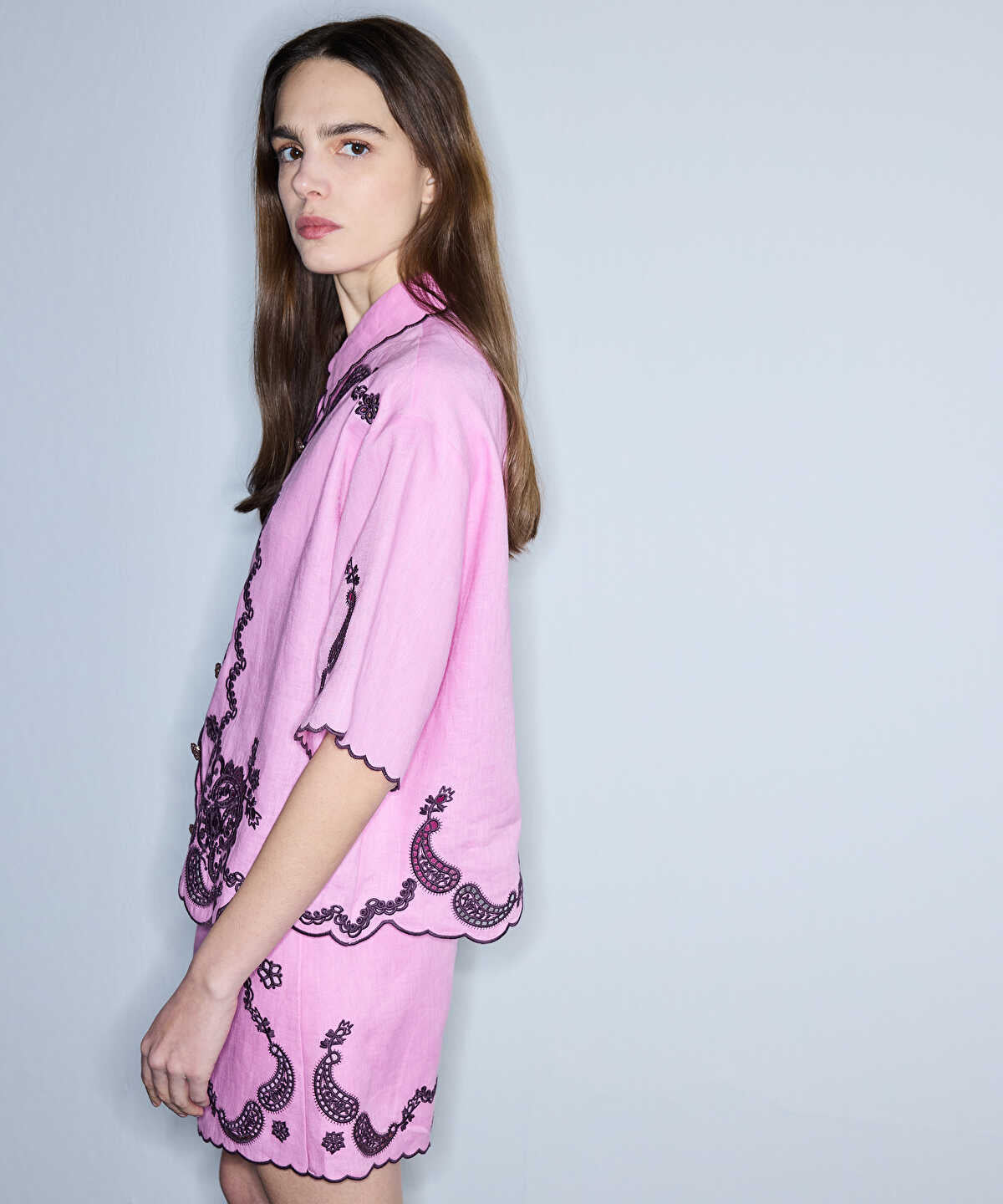 Linen Shirt with Contrast Embroidery