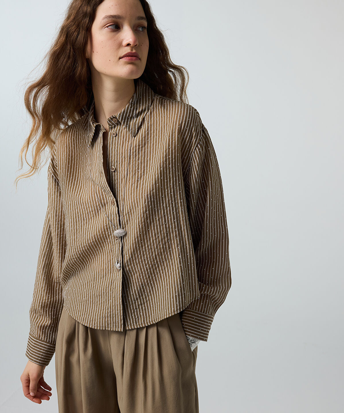 Zoomed Rhinestone Embellished Striped Shirt
