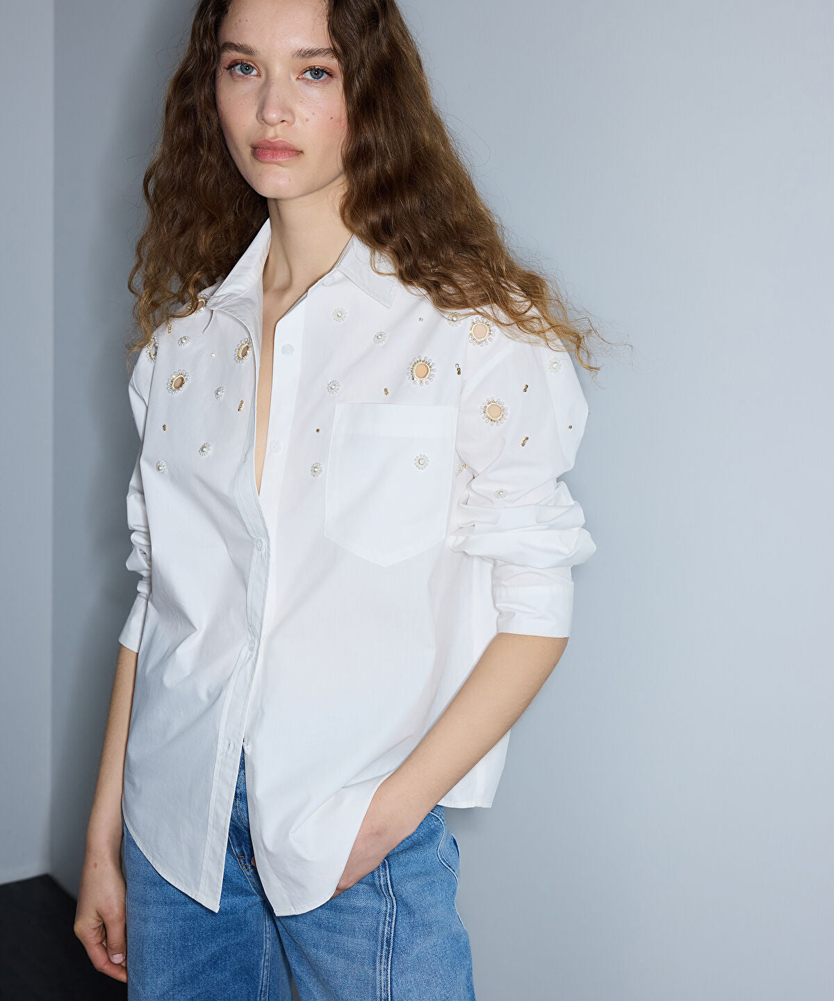 Embroidered Cutout Poplin Shirt