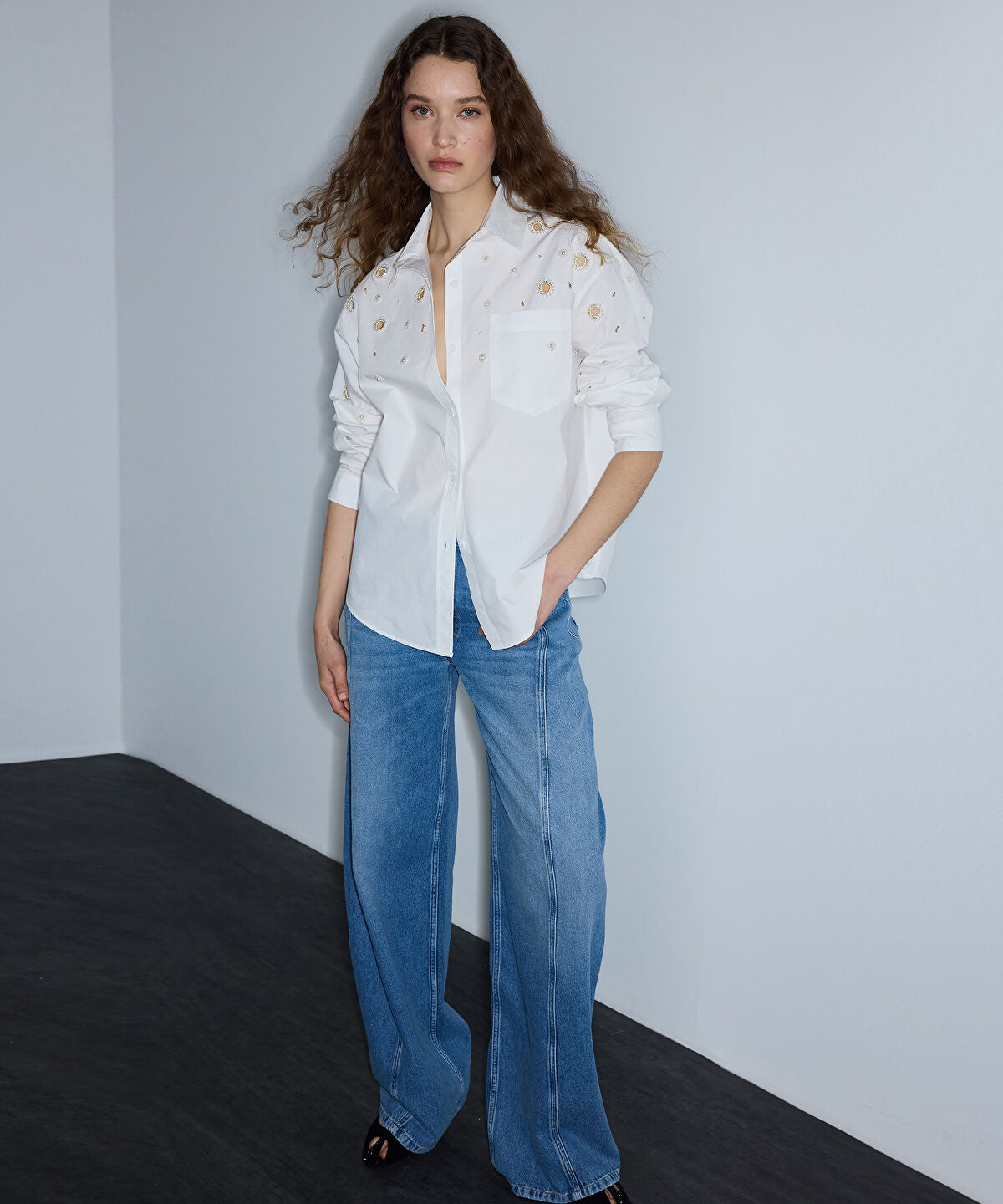 Embroidered Cutout Poplin Shirt