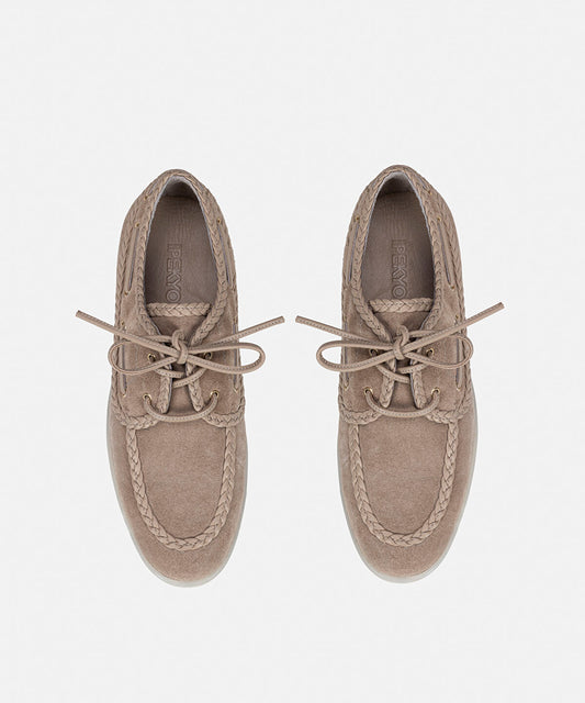 Braided-Trim Suede Boat Shoes