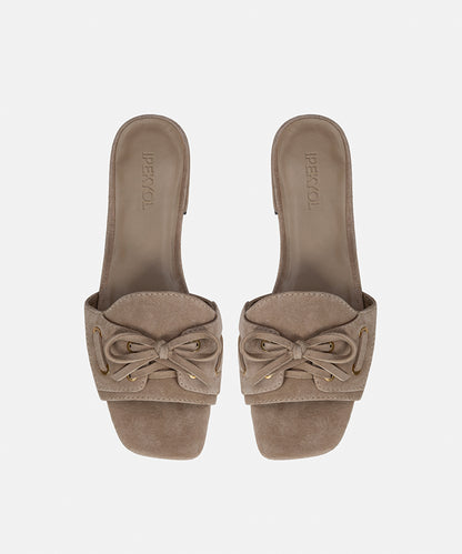 Suede-Leather Slippers with Bow