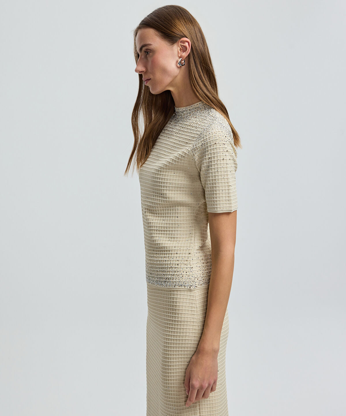 Zoomed Rhinestone High-Neck Knit Top