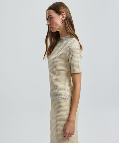 Rhinestone High-Neck Knit Top