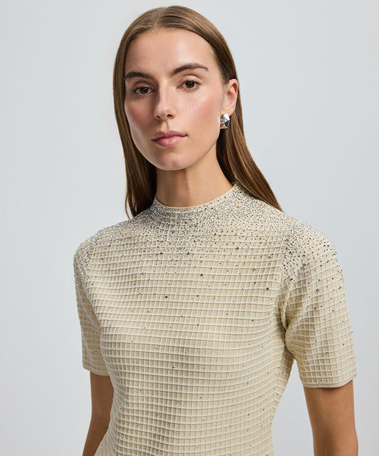 Rhinestone High-Neck Knit Top