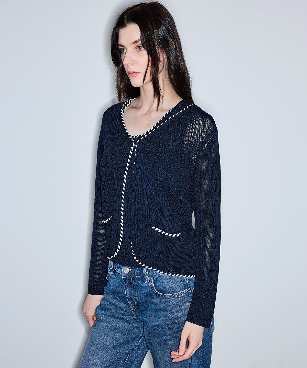 Zoomed Knit Cardigan with Contrast Piping