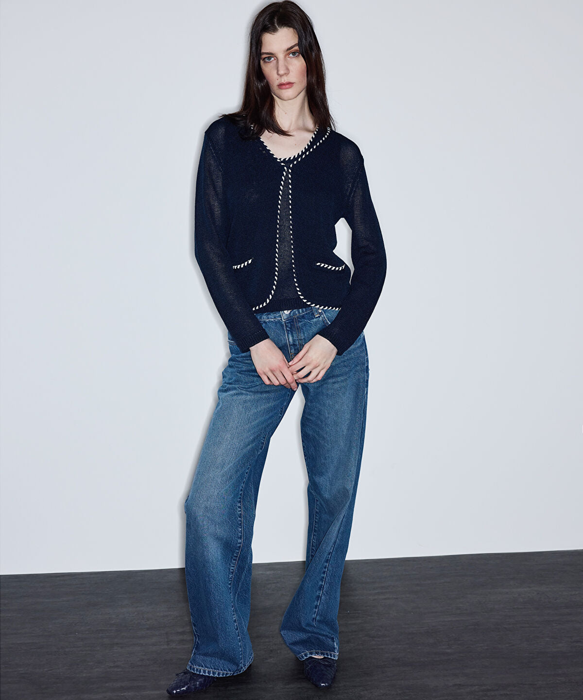 Knit Cardigan with Contrast Piping