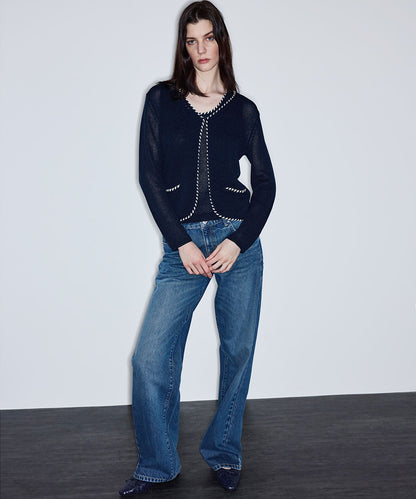 Knit Cardigan with Contrast Piping