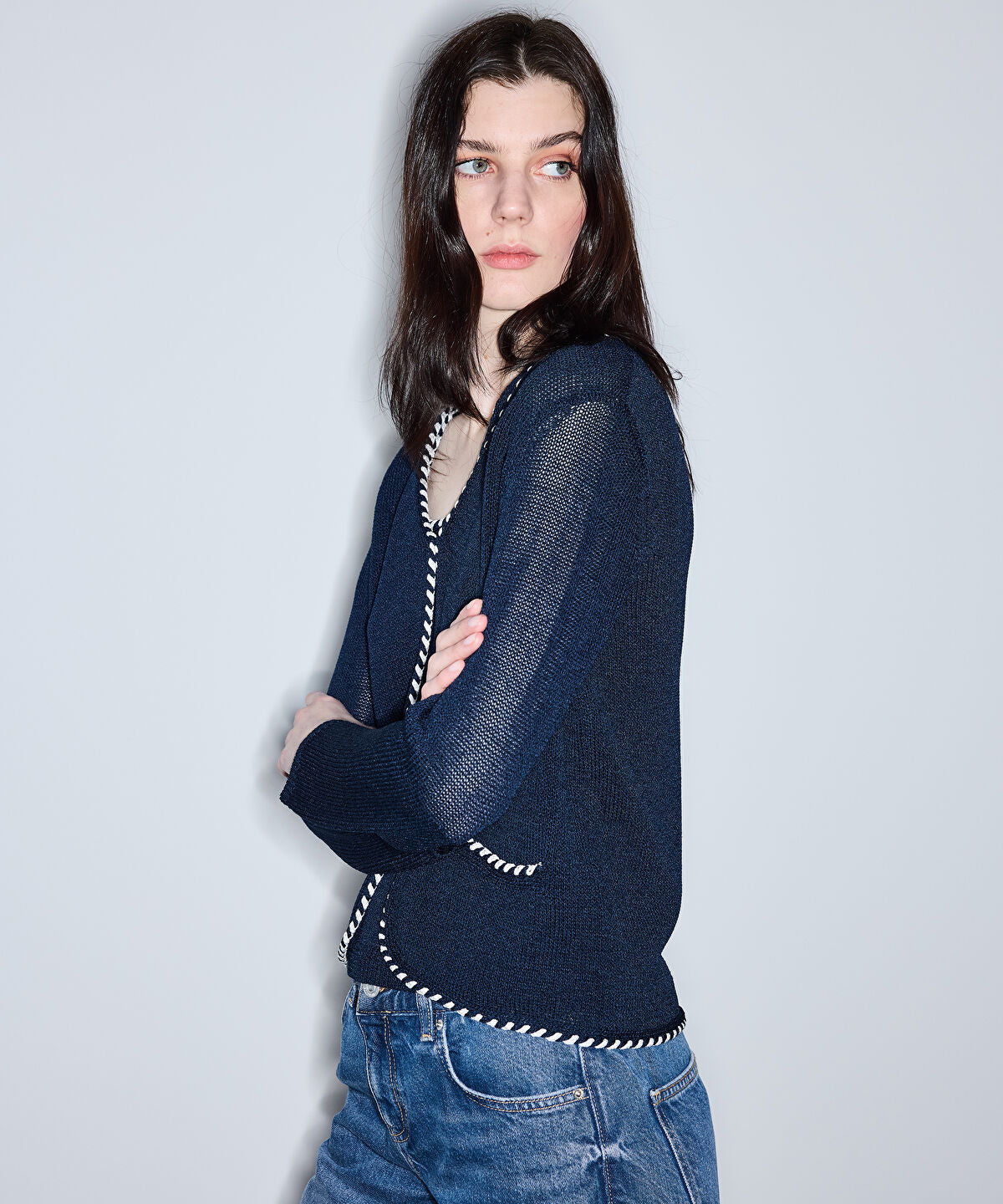 Zoomed Knit Cardigan with Contrast Piping