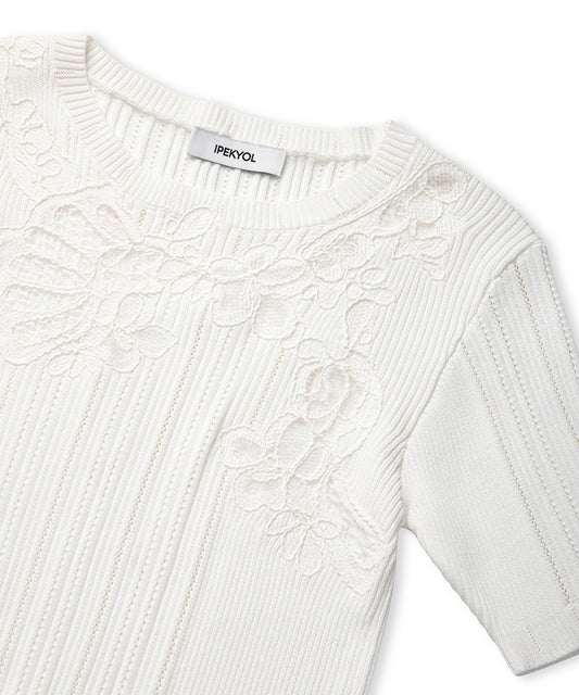 Embroidered Mixed Knit Top