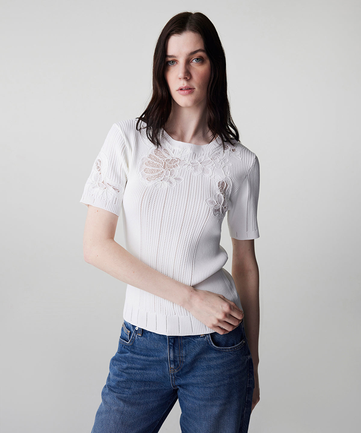 Zoomed Embroidered Mixed Knit Top