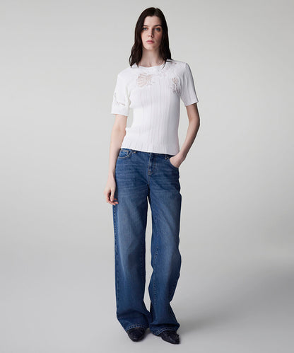 Embroidered Mixed Knit Top