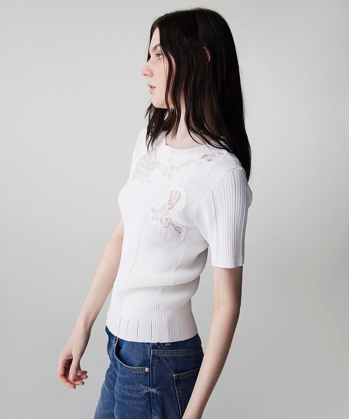 Embroidered Mixed Knit Top