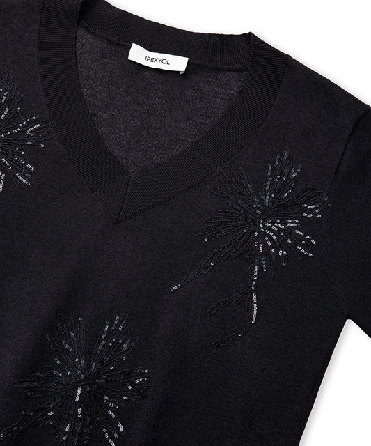 Embroidered Sequinned Knit Top