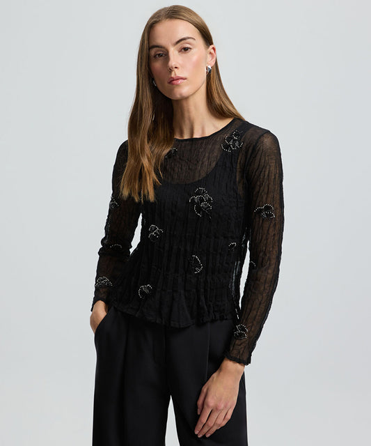 Embroidered Sheer Knit Top