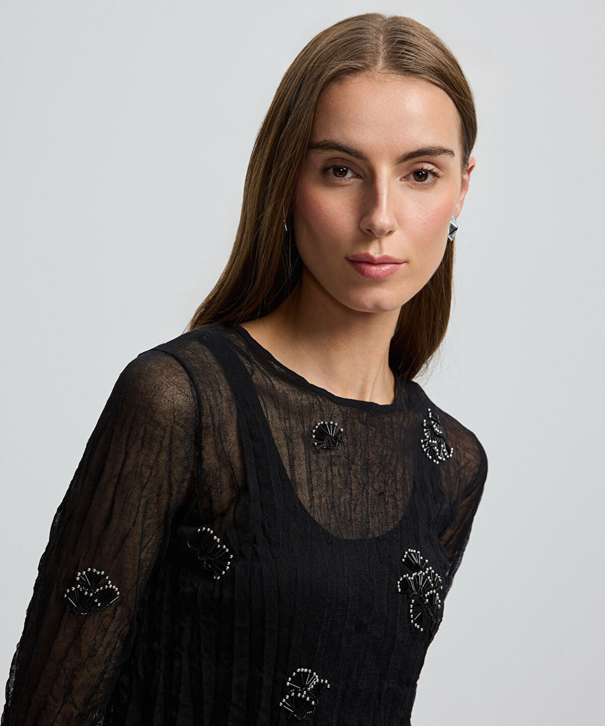 Embroidered Sheer Knit Top