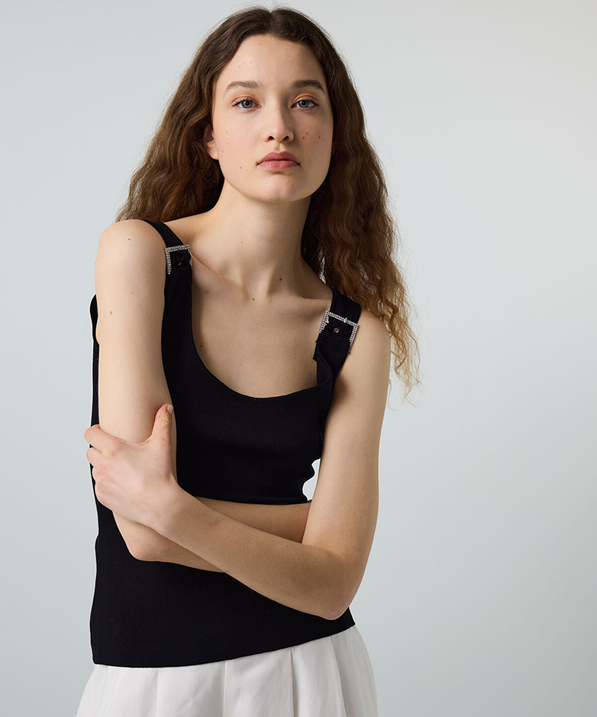 Zoomed Knit Top with Rhinestone Buckles