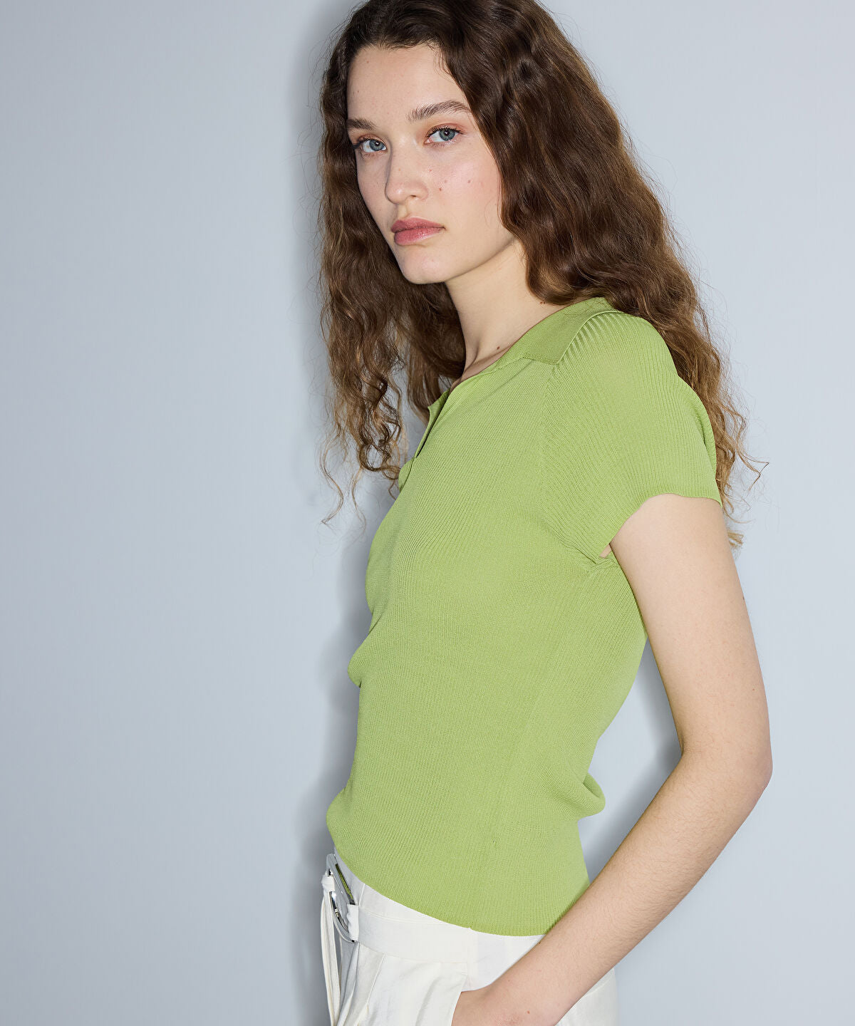 Zoomed Ribbed Polo Knit Top